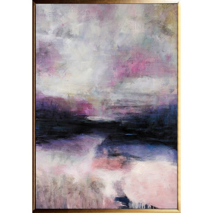 Tablou pictat abstract manual ulei pe panza, tehnica texturata, 100x75cm, Contemplare profunda, albastru, violet, grej