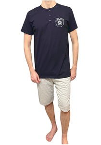 Pijamale barbati, pantaloni 3/4 gri, tricou cu maneca scurta, albastru inchis, stea, La Penna, M INTL