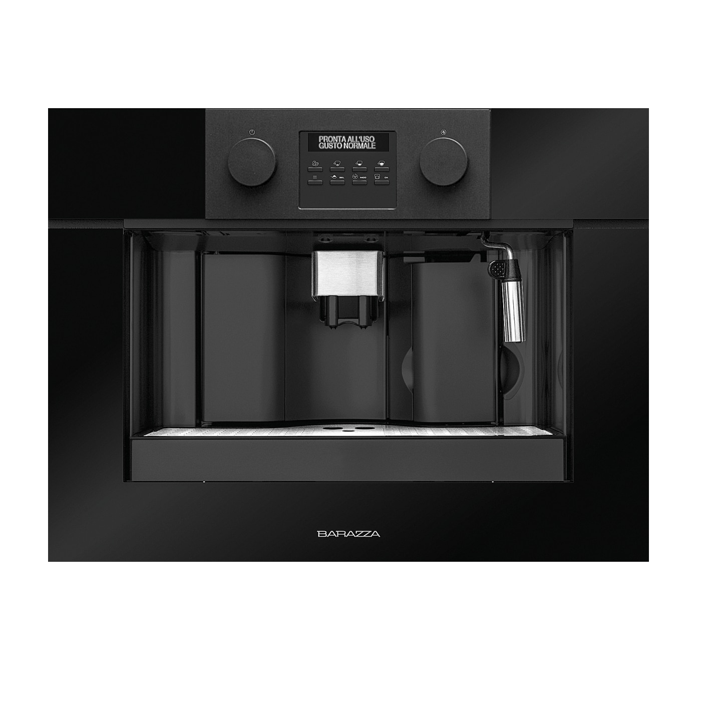 Espressor incorporat automat Barazza, Icon Glass, ideal pentru toate specialitatile de cafea, 15 bar, compatibil cu cafea boabe/ cafea macinata, functie spumare lapte, rasnire reglabila, rezervor apa 1.8 litri, 5 niveluri tarie, 3 niveluri cafea, negru