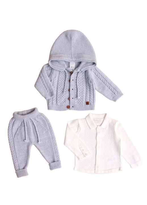 Set de haine pentru baieti din 3 Piese, Hanorac, Bluza si Pantaloni, Lana Merinos, pentru baietei 1-3 luni, Bleu