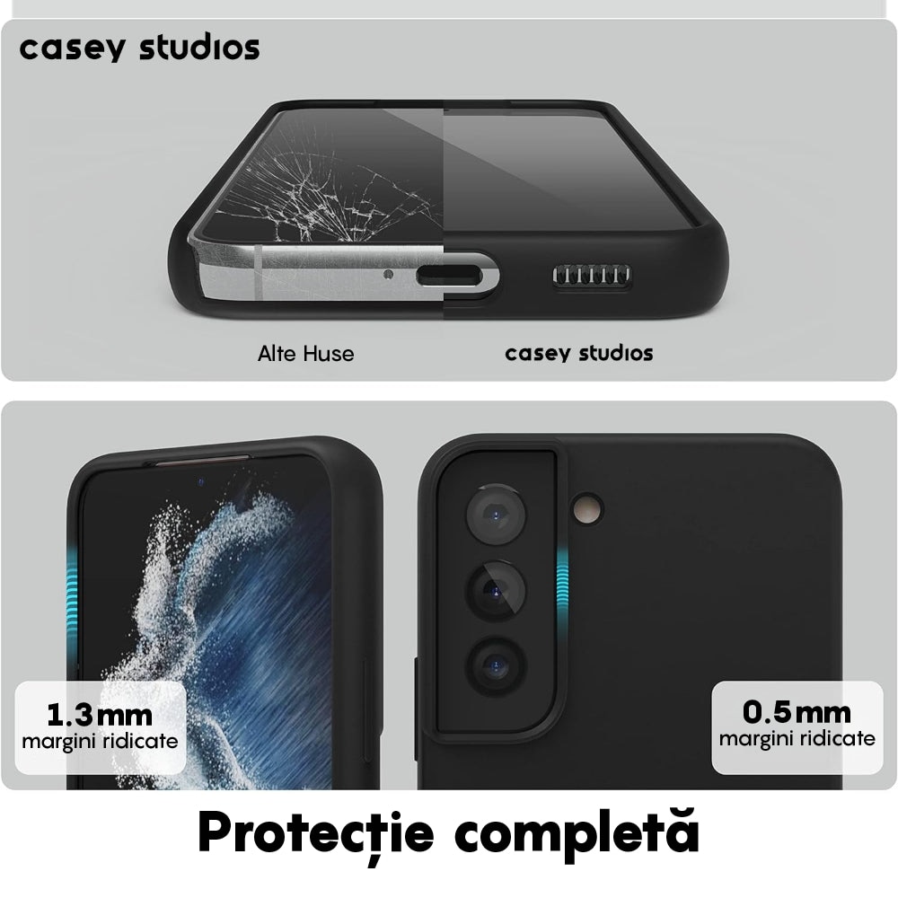 Husa CASEY STUDIOS™ compatibila cu Samsung Galaxy S22 Plus, Soft Silicone Premium, Microfibra in Interior, Negru, de Protectie, Ultra Slim, pentru Incarcare Wireless, Margini Ridicate pentru Protectia Ecranului si a Camerelor