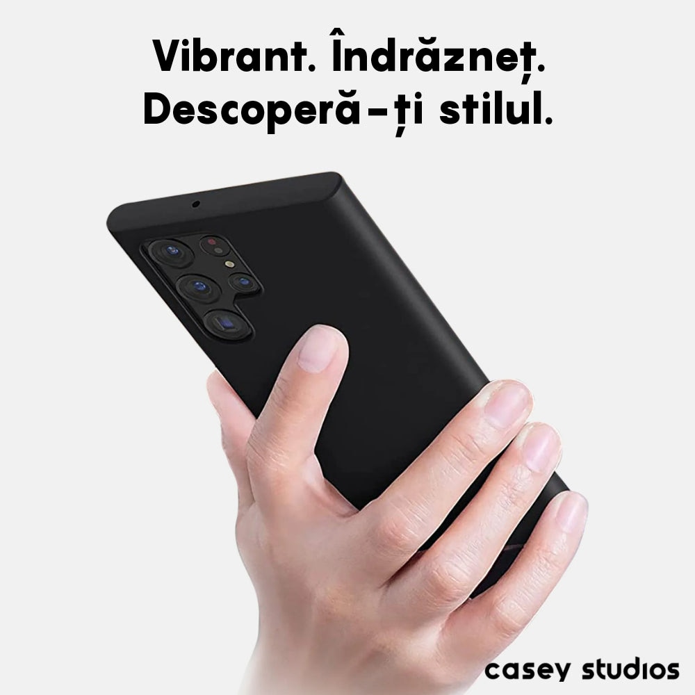 Husa CASEY STUDIOS™ compatibila cu Samsung Galaxy S22 Ultra, Soft Silicone Premium, Microfibra in Interior, Negru, de Protectie, Ultra Slim, pentru Incarcare Wireless, Margini Ridicate pentru Protectia Ecranului si a Camerelor
