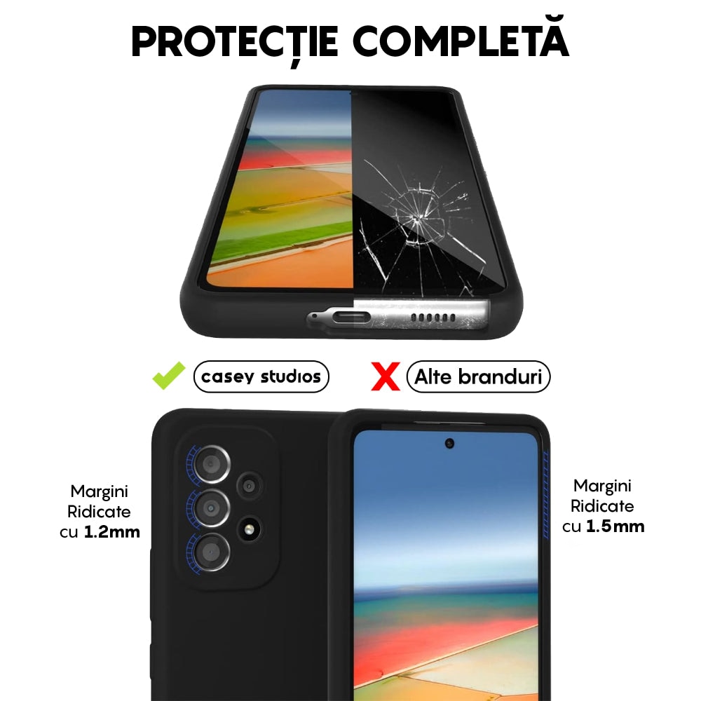 Husa CASEY STUDIOS™ compatibila cu Samsung Galaxy A53, Soft Silicone Premium, Microfibra in Interior, Negru, de Protectie, Ultra Slim, pentru Incarcare Wireless, Margini Ridicate pentru Protectia Ecranului si a Camerelor