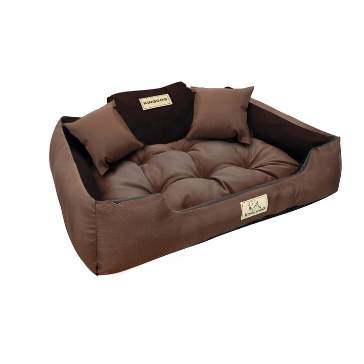 Персонализирано кучешко легло KINGDOG, 55x45 см, оцветено в кафяво, водоустойчиво, размер S, с включени две малки възглавници