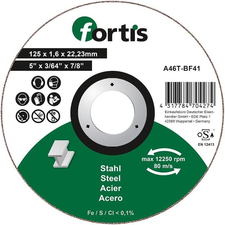 Disc taiere otel Fortis A46T-BF41, 125x22.23x1.6mm