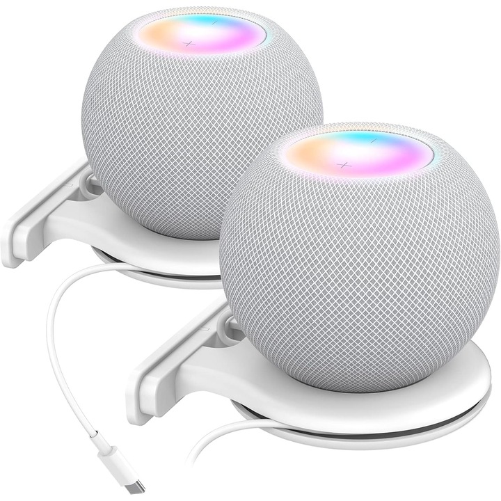 Комплект от 2 Стенна стойка за HomePod Mini, JENUOS®, ABS, С аксесоари за управление на кабела, Бял