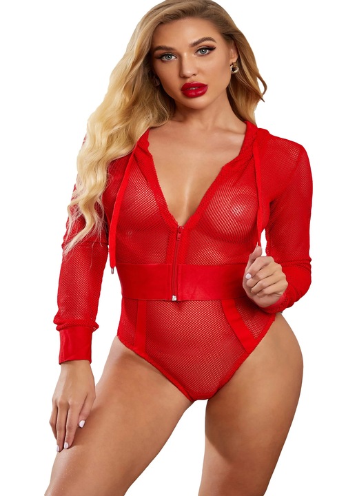 Body sexi din plasa cu gluga si maneci lungi, Rosu, S