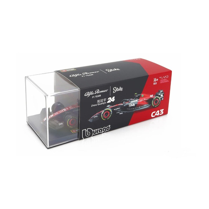 Modell autó Alfa Romeo F1 C42 Team Stake N24 2023 Guanyu Zhou kirakattal és pilótával, 1:43 Bburago Signature