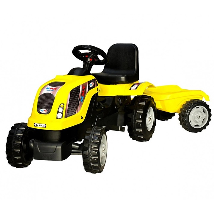 Tractor electric pentru copii Micromax MMX Yellow 35W cu remorca, scaun reglabil si claxon