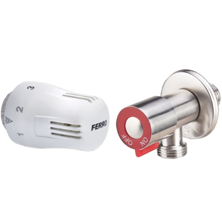 Set Cap termostatic Ferro GT10, pentru robineti termostatabili + Robinet Coltar Inox cu Cap Armatura Ceramic, diametru intrare - iesire de 1/2'' - 1/2''