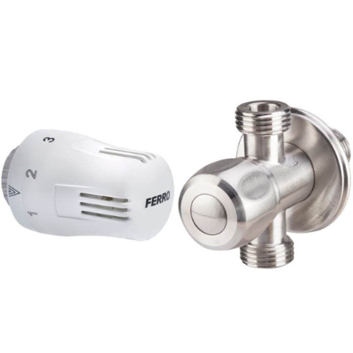 Set Cap termostatic Ferro GT10, pentru robineti termostatabili + Robinet Coltar Inox 3 Cai cu Cap Armatura Ceramic, diametru intrare 1/2', diametru iesire 1/2''-3/4''