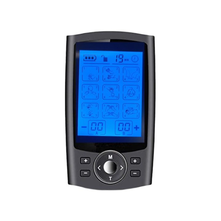 Masszírozó elektrostimulációval / fizioterápiával, 16 program, 20 intenzitási szint, betétekkel, EMS, TENS, izomstimuláció, fekete