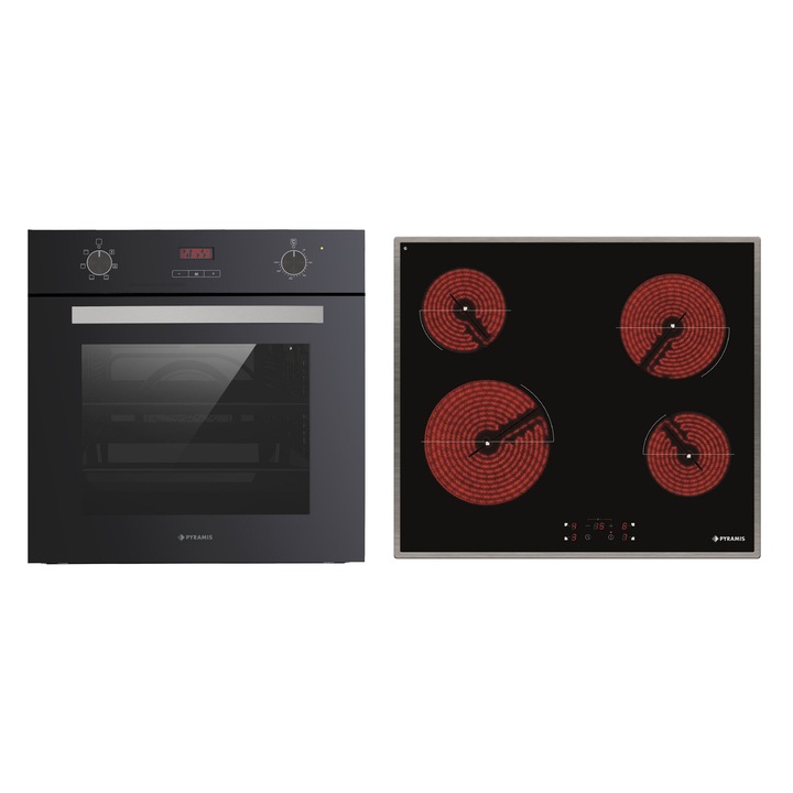 Pachet Pyramis PHC 61430IFB8060, cuptor electric incorporabil si plita electrica, 6 functii, clasa A, volum 64 litri, control electronic, 4 zone de gatit vitro, finisaj sticla neagra si inox