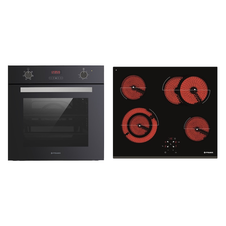 Pachet Pyramis PHC 61430IFB113V, cuptor electric incorporabil si plita electrica, 9 moduri de operare, clasa A, volum 78 litri, full touch control, vap clean, functii de gatit automate, 4 zone de gatit vitro, finisaj sticla neagra si inox