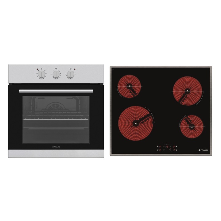 Pachet Pyramis Premium 202300348, cuptor electric incorporabil, plita gaz si hota decorativa, 8 moduri de operare, clasa A, volum 69 litri, control mecanic, timer, easy clean, gratare emailate, wok, finisaj inox