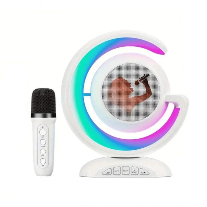 Set Complet Statie Smart Microfon Si Boxa Wireless SIKS Pentru Karaoke Cu Lumina RGB Led, Copii / Adulti, Kit 2 in 1, Aparat Portabil, Cu Conectare la Telefon, Slot Card, YS110, Alb