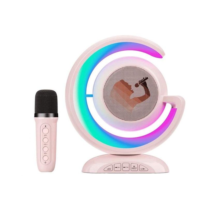 Set Complet Statie Smart Microfon Si Boxa Wireless SIKS Pentru Karaoke Cu Lumina RGB Led, Copii / Adulti, Kit 2 in 1, Aparat Portabil, Cu Conectare la Telefon, Slot Card, YS110, Roz