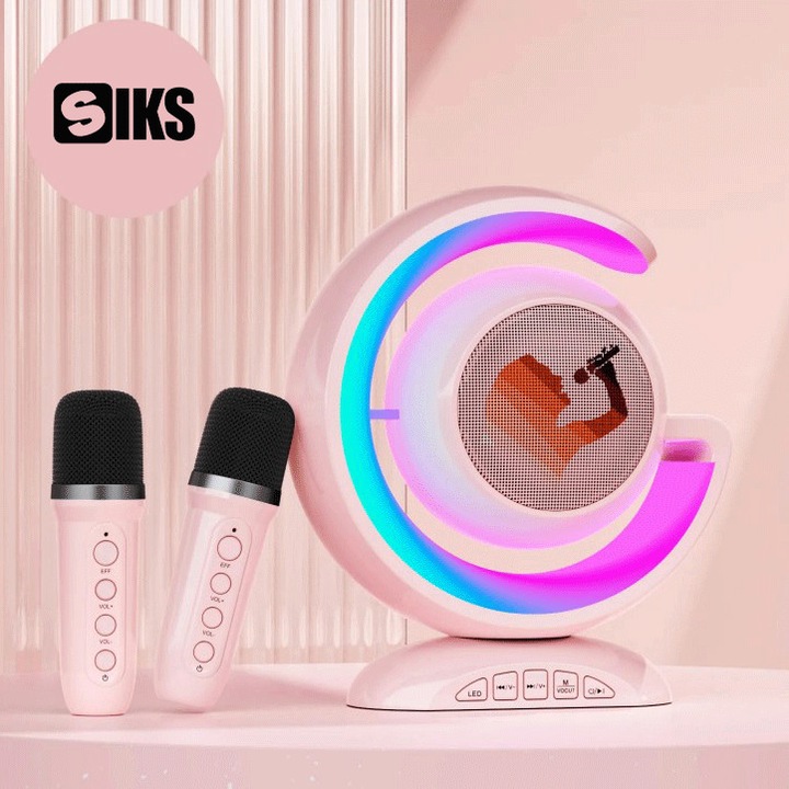 Set Complet Statie Smart Microfon Si Boxa Wireless SIKS Pentru Karaoke Cu Lumina RGB Led, Copii / Adulti, Kit 2 in 1, Aparat Portabil, Cu Conectare la Telefon, Slot Card, YS110, Roz