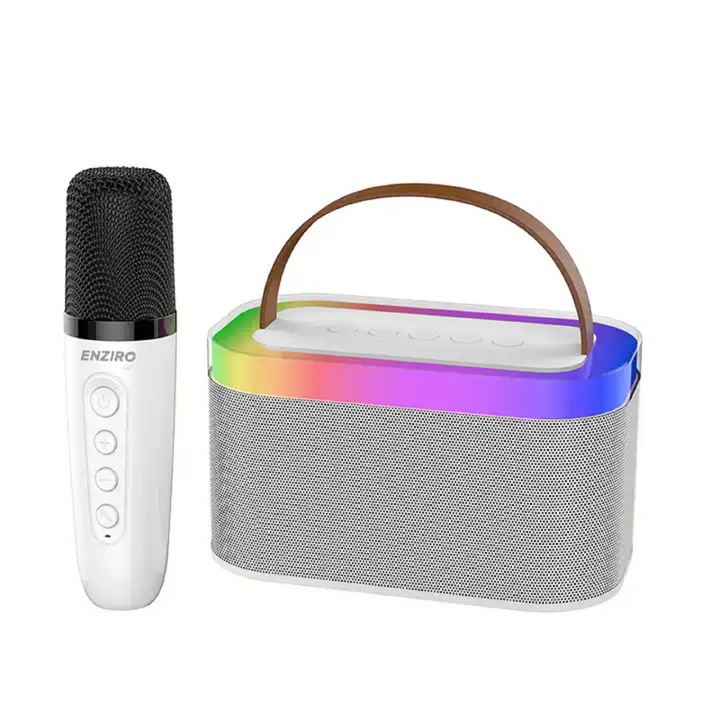 Microfon Karaoke pentru Copii si Adulti SMART ENZIRO™, Difuzor Separat cu Lumini LED, Conexiune Bluetooth cu Smartphone si TV, Wireless, Efecte Voce, Portabil pentru Petrecere, Player MP3, Alb