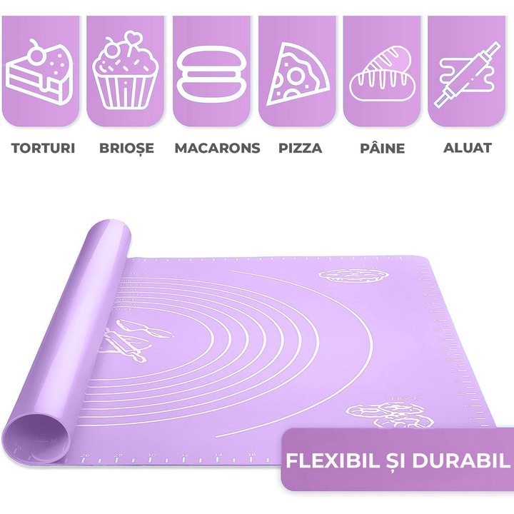 Covoras din Silicon pentru Rularea, Framantarea si Intinderea Aluatului cu Unitati de Masura, 50 x 40 CM, Fara BPA, Antiaderent si Antiderapant - Mov