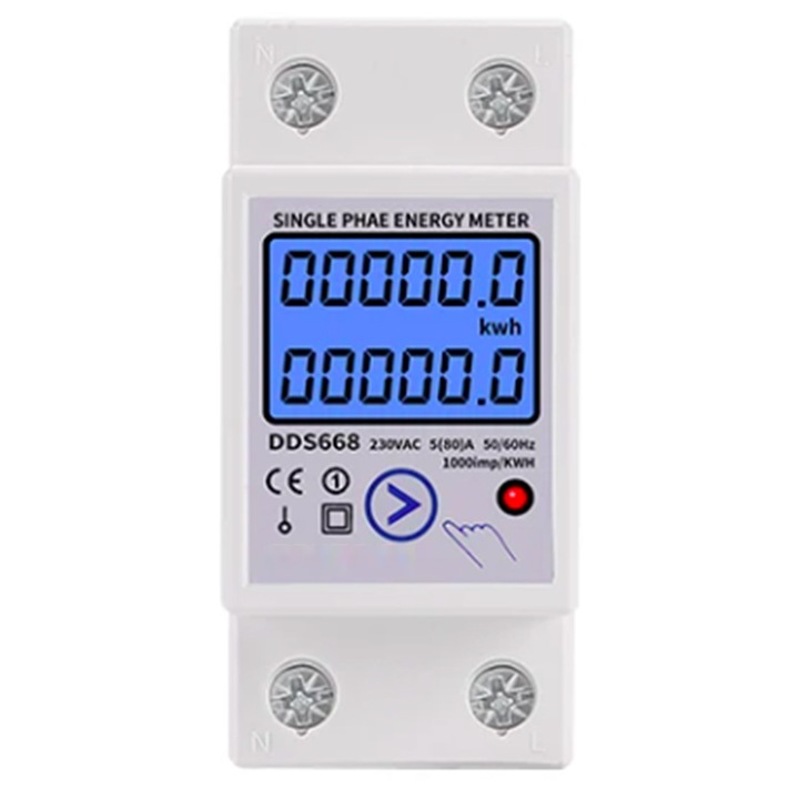 Egyfázisú számláló DIN sínen nullázással, kWh energiamérés, feszültség, áramerősség, energiafogyasztás, wattmérő, 220 V AC 50 Hz, 5 (80) A képernyő világítással