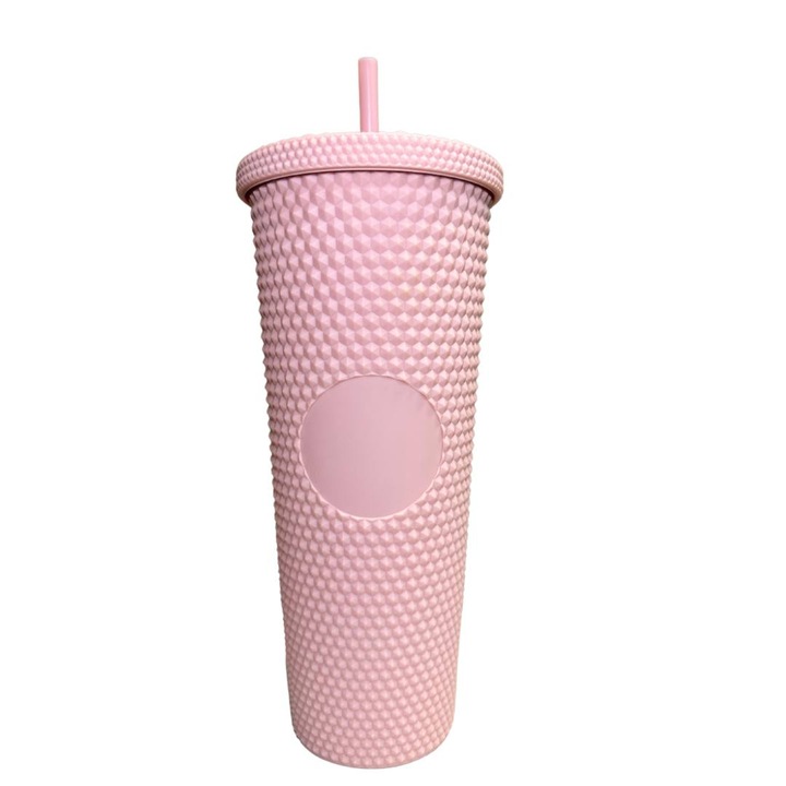 Pahar termos Sky To Go 710 ml din plastic cu efect diamante, perete dublu si pai - Matte Baby Pink