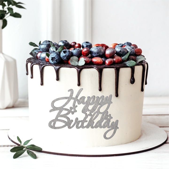 Topper tort Happy Birthday, Inedit Print, TC963, Argintiu, 10 cm