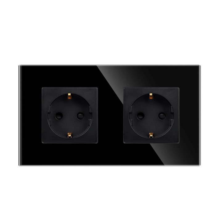 Priza dubla Doc, IP20, neagra, SCHNEIDER, cu rama din sticla