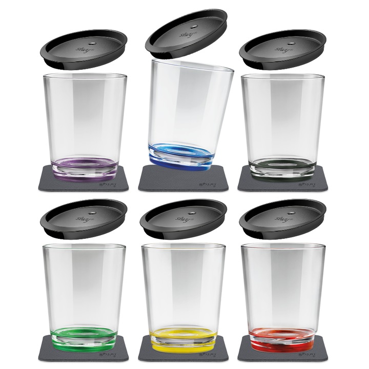 Комплект от 6 разноцветни магнитни пластмасови чаши по 0,25 л с метална поставка и капак - SILWY