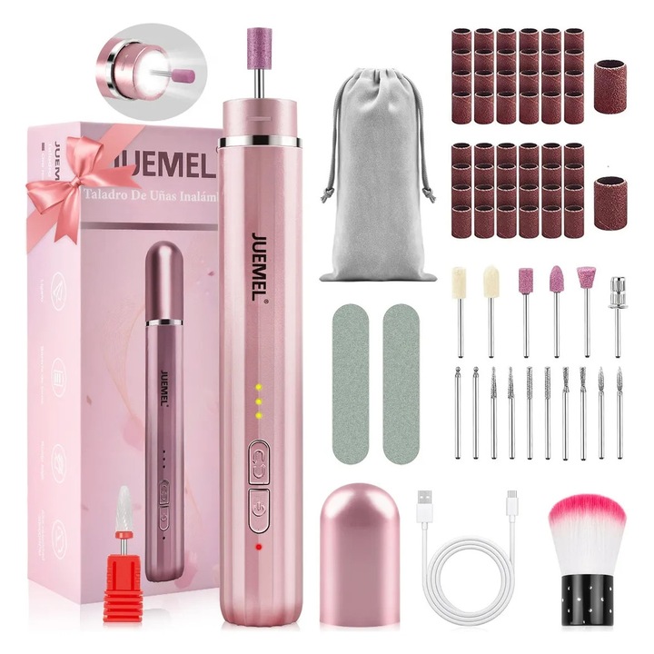 Freza unghii profesionala, JUEMEL, M7048, pila electrica pentru manichiura-pedichiura, 500mAh, reincarcabila, 20000 RPM, 17 capete pentru pila, 50 benzi de slefuire, design ergonomic, roz