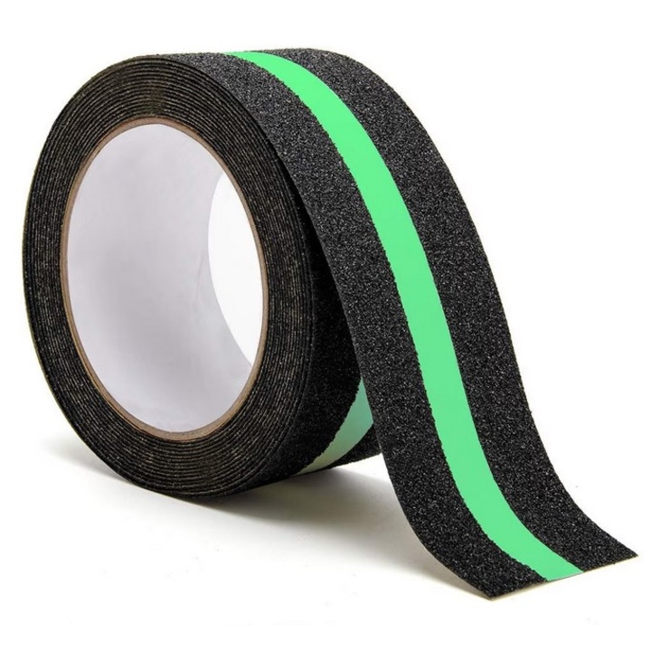 Banda Adeziva Abraziva Antiderapanta Fosforescenta pentru Scari/Trepte/Podele/Rampe, DAVIDAMI CONCEPT® Waterproof pentru Interior/Exterior, Dimensiune 5m x 5cm, Negru-Verde