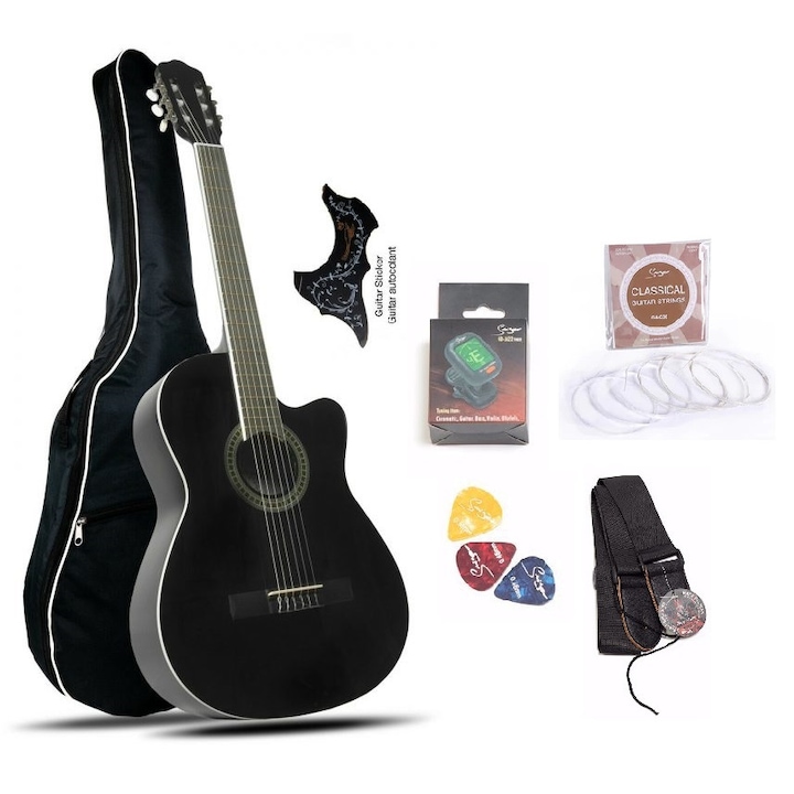 Chitara clasica cutaway 4/4 Grape neagra cu husa, acordor, curea, pene si corzi