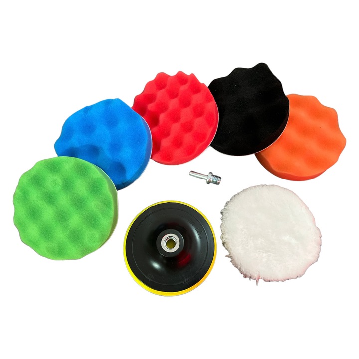 Set 8 piese polish auto profesional cu taler M10/M14, discuri de burete 12.5 cm, lana si adaptor pentru bormasina, SOLLUXE®