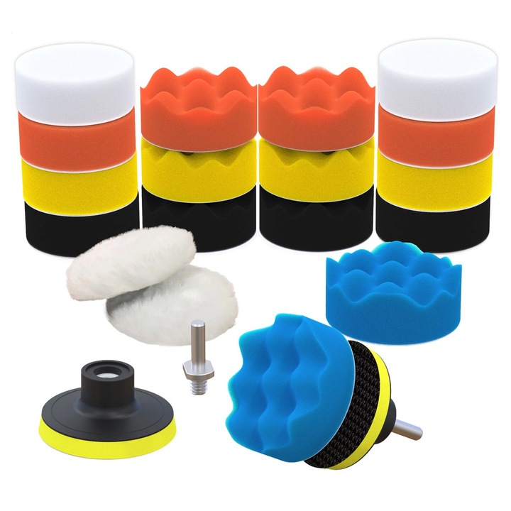 Set 22 piese polish auto profesional cu talere M10/M14, kit discuri de burete, lana si adaptor pentru bormasina, SOLLUXE®