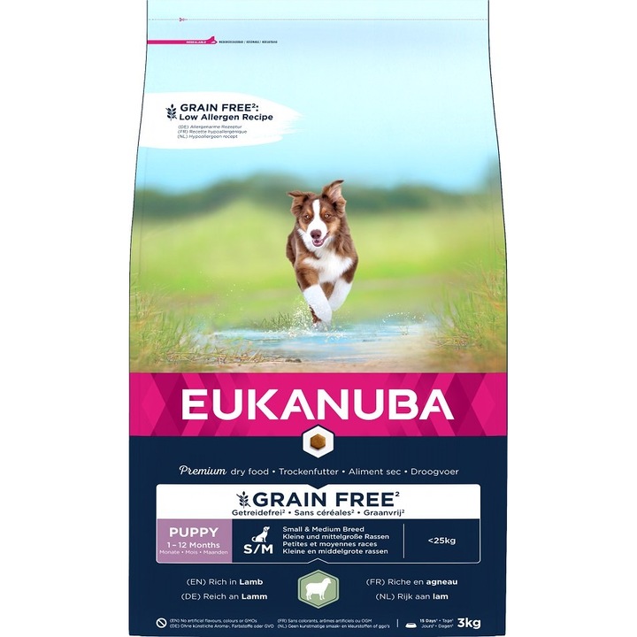 Hrana uscata pentru caini Eukanuba Grain Free Puppy Small and Mediu Lamb 3 kg