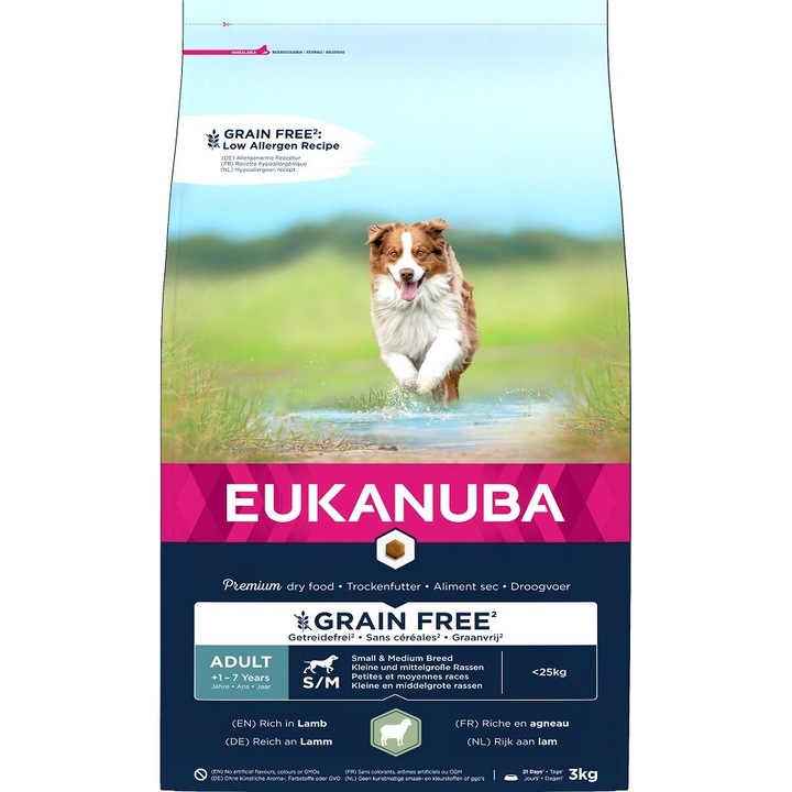 Hrana uscata pentru caini Eukanuba Grain Free, Adult Small and Medium Lamb 3KG