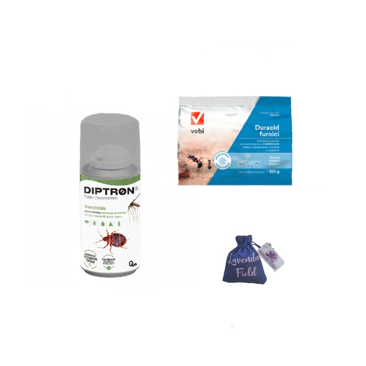 Insecticid impotriva insectelor taratoare si zburatoare Diptron 150 ml si Duracid furnici 100 gr si sac lavanda LF 10 gr