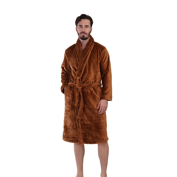 Férfi fürdőköpeny, Vienetta Man, Soft & Pure, Alkalmi modell, cocolino, zsebek, húzózsinór, tégla, XL