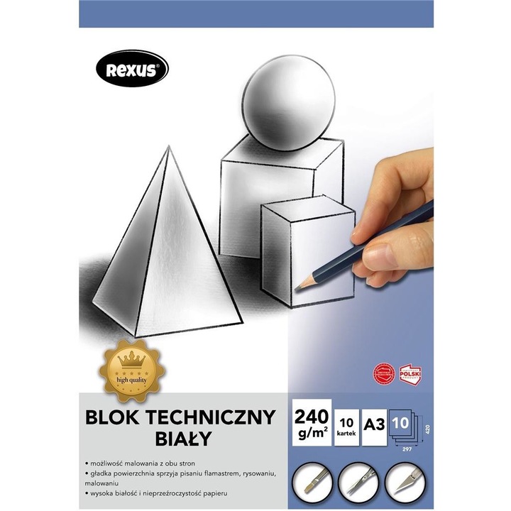 Bloc de desen tehnic Premium, Rexus, A3, 10 coli, Alb