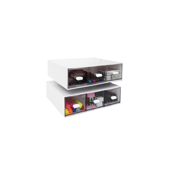Set 2 organizatoare pentru birou cu 3 sertare, alb, ‎22.8 x 16.5 x 4.8 cm
