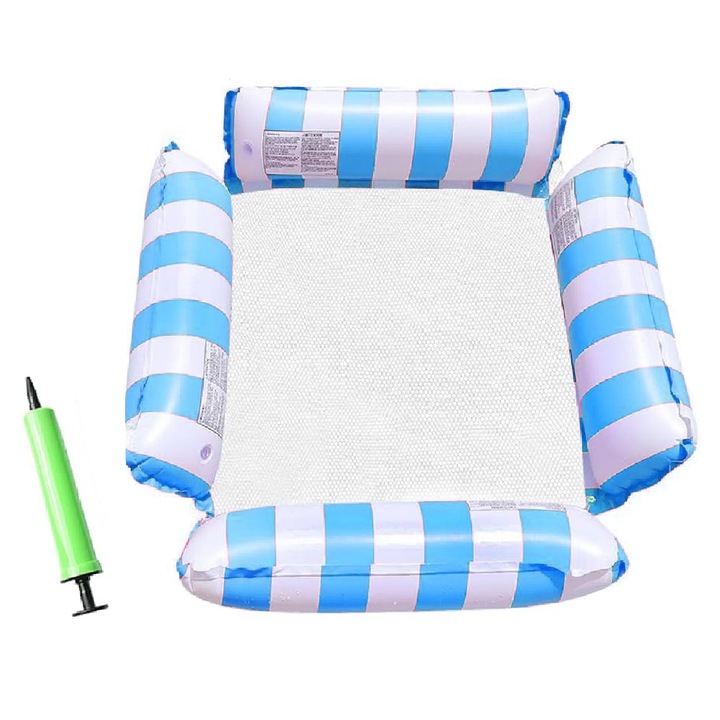 Надуваем дюшек тип шезлонг за плаж или басейн CUKIN, PVC+найлонова мрежа, една надуваема тръба, 123 x 120 см, син
