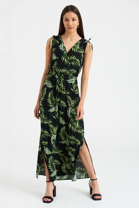 GreenPoint, Rochie evazata cu bretele ajustabile, Verde, Negru, 34