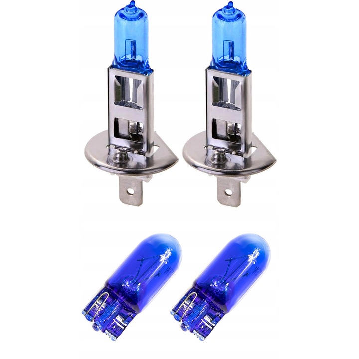 Set 4 Becuri Auto, 2x H1 2x W5W, 12V, 55W, E4, Lumina Alba, Albastru
