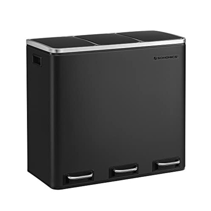 SONGMICS Cos de gunoi din inox cu 3 compartimente colectare selectiva, cu galeti interioare, 3 x 18 litri, negru