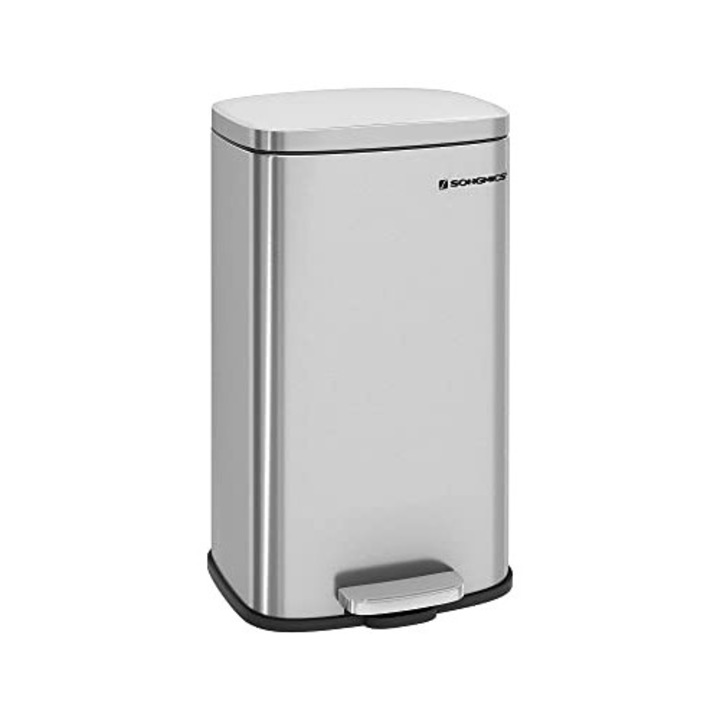 SONGMICS Cos de gunoi din otel cu pedala, galeata interioara plastic, capac inchidere lenta, 30L, 35x30x63cm, argintiu