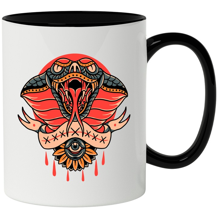 Чаша с Кобра, Змия, Лента, Кръв, Очи, Зъби, Ретро, Отрова, Многоцветна 330 мл, Керамика с черна дръжка