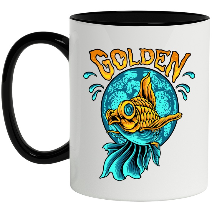 Чаша с послание на английски златисто, риба, злато, сфера, вода, многоцветна 330 ml, керамика с черна дръжка