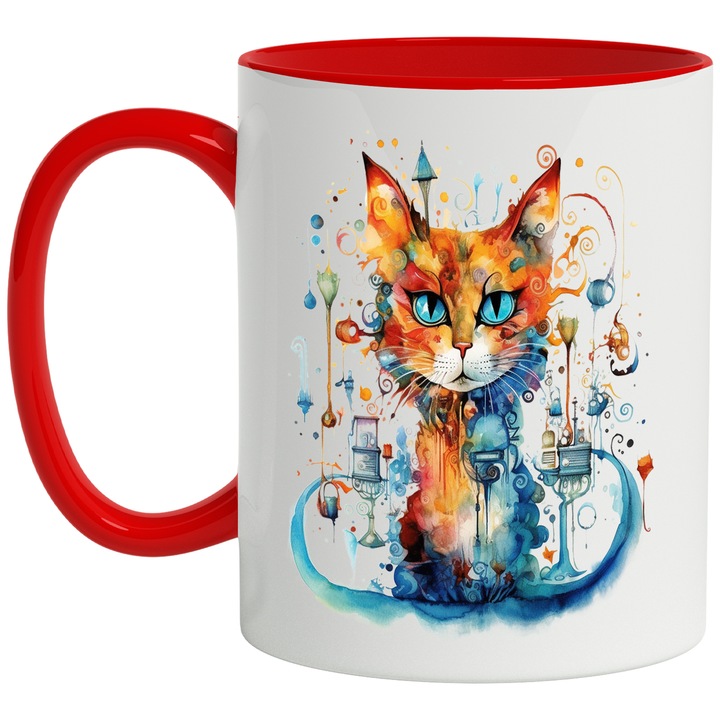 Bögre absztrakt művészettel, macska, formák, pöttyös, lámpás, többszínű 330 ml, kerámia piros fogantyúval