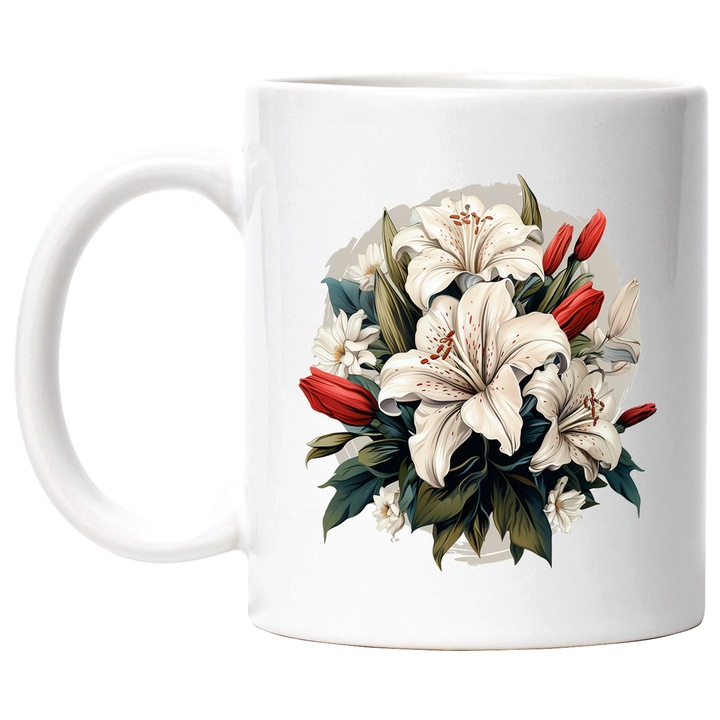 Чаша с букет от лилии, цветя, листа, венчелистчета, лалета, многоцветна 330 мл, керамика с бяла дръжка