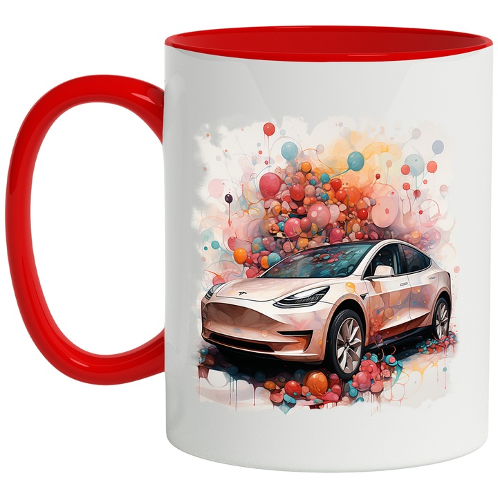 Bögre autóval, Tesla, léggömbök, pöttyös, absztrakt illusztráció, többszínű 330 ml, kerámia piros fogantyúval